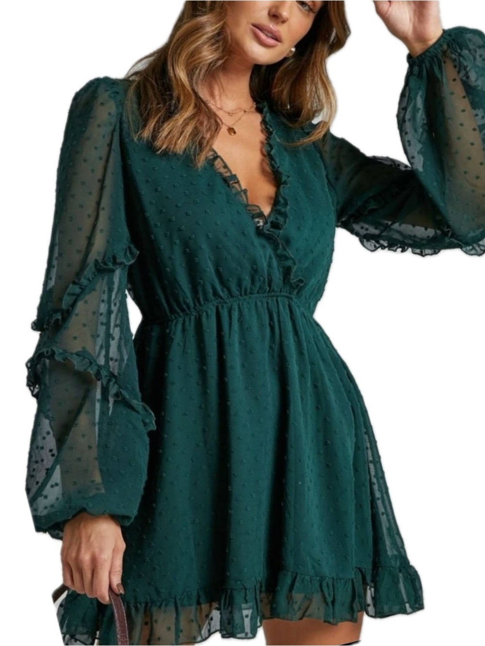 Showpo Sancha Swiss Dot Ruffle Frill Mini Dress Size 6 Emerald Green Long Sleeve
